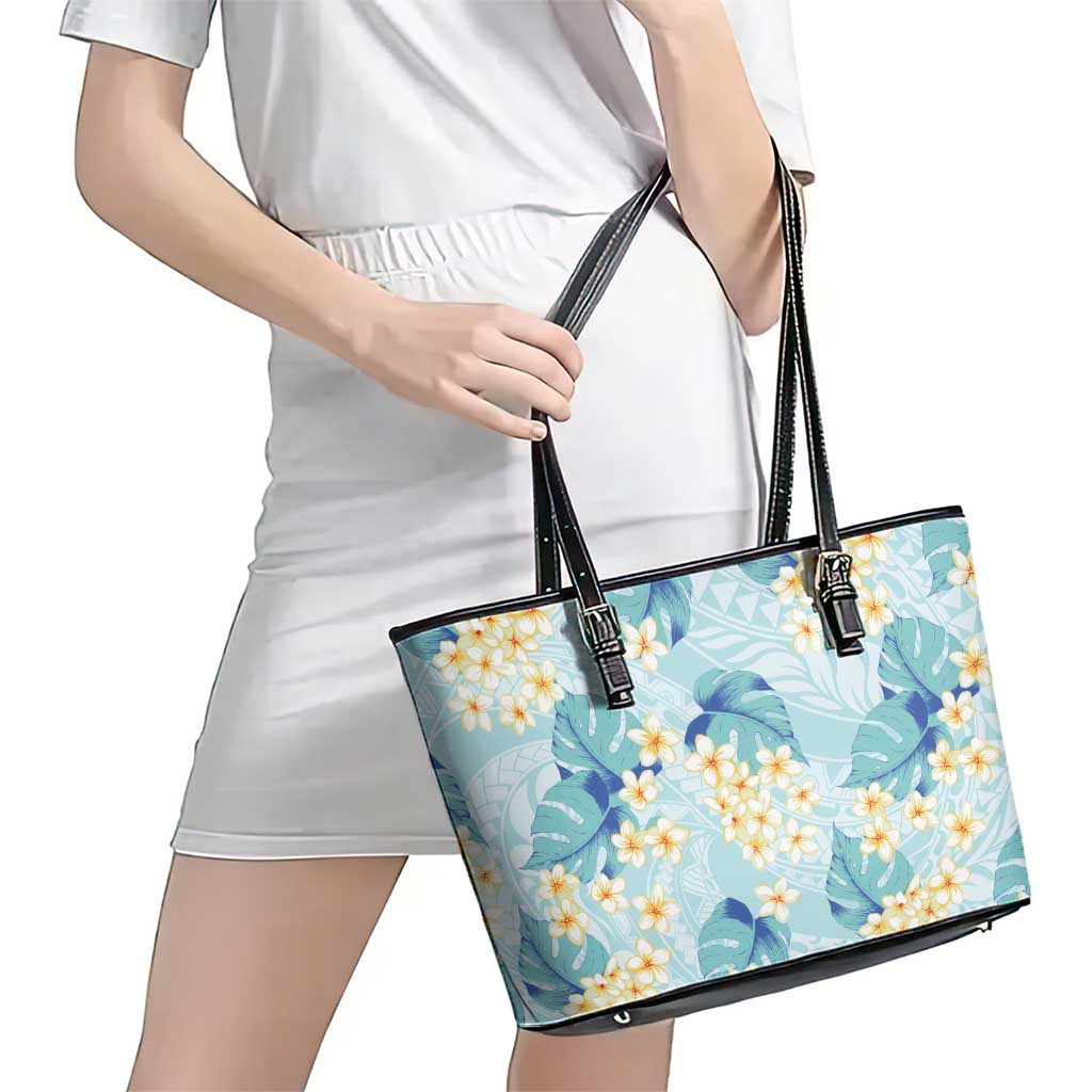 Pastel Cyan Tropical Hawaii Leather Tote Bag Seamless Monstera Plumeria Hawaiian Pattern - Polynesian Pride