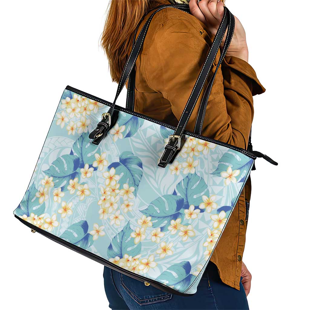 Pastel Cyan Tropical Hawaii Leather Tote Bag Seamless Monstera Plumeria Hawaiian Pattern - Polynesian Pride