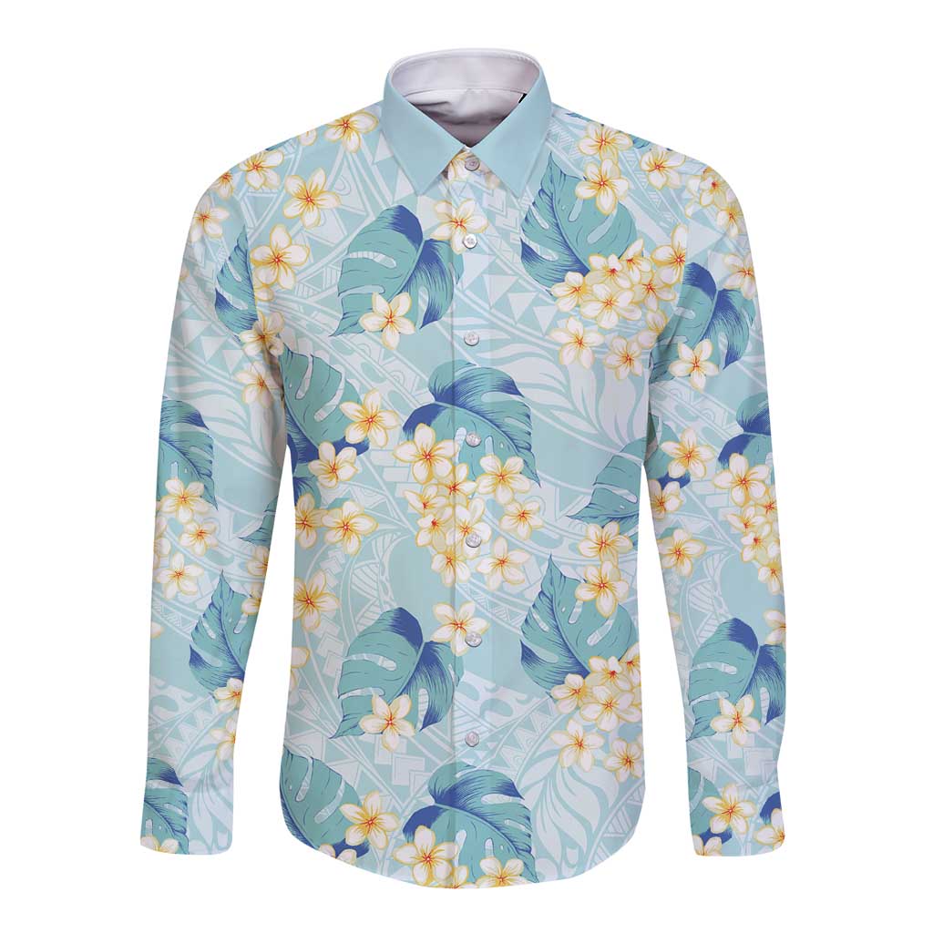 Pastel Cyan Tropical Hawaii Long Sleeve Button Shirt Seamless Monstera Plumeria Hawaiian Pattern - Polynesian Pride