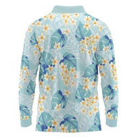 Pastel Cyan Tropical Hawaii Long Sleeve Polo Shirt Seamless Monstera Plumeria Hawaiian Pattern - Polynesian Pride