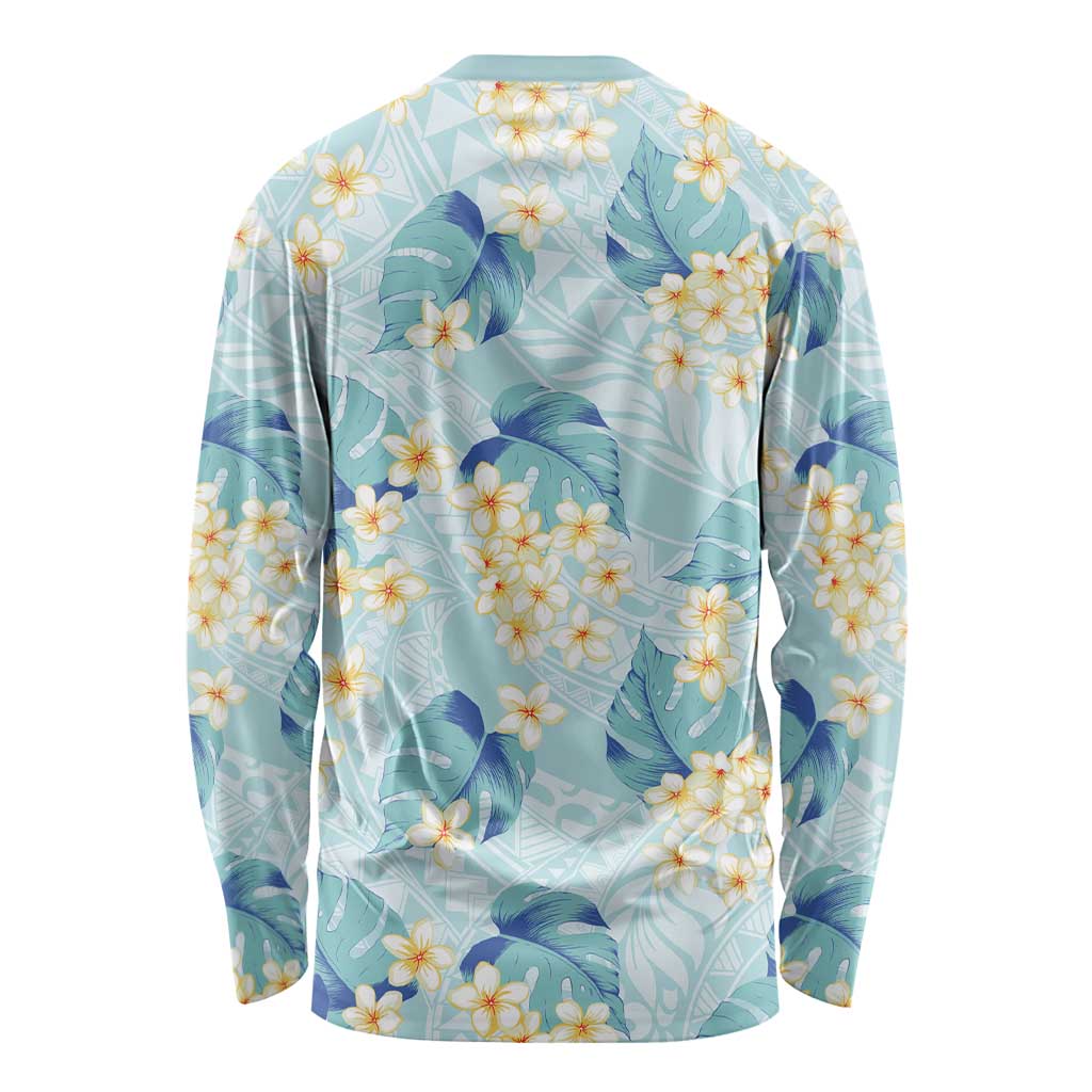 Pastel Cyan Tropical Hawaii Long Sleeve Shirt Seamless Monstera Plumeria Hawaiian Pattern LT14 - Polynesian Pride