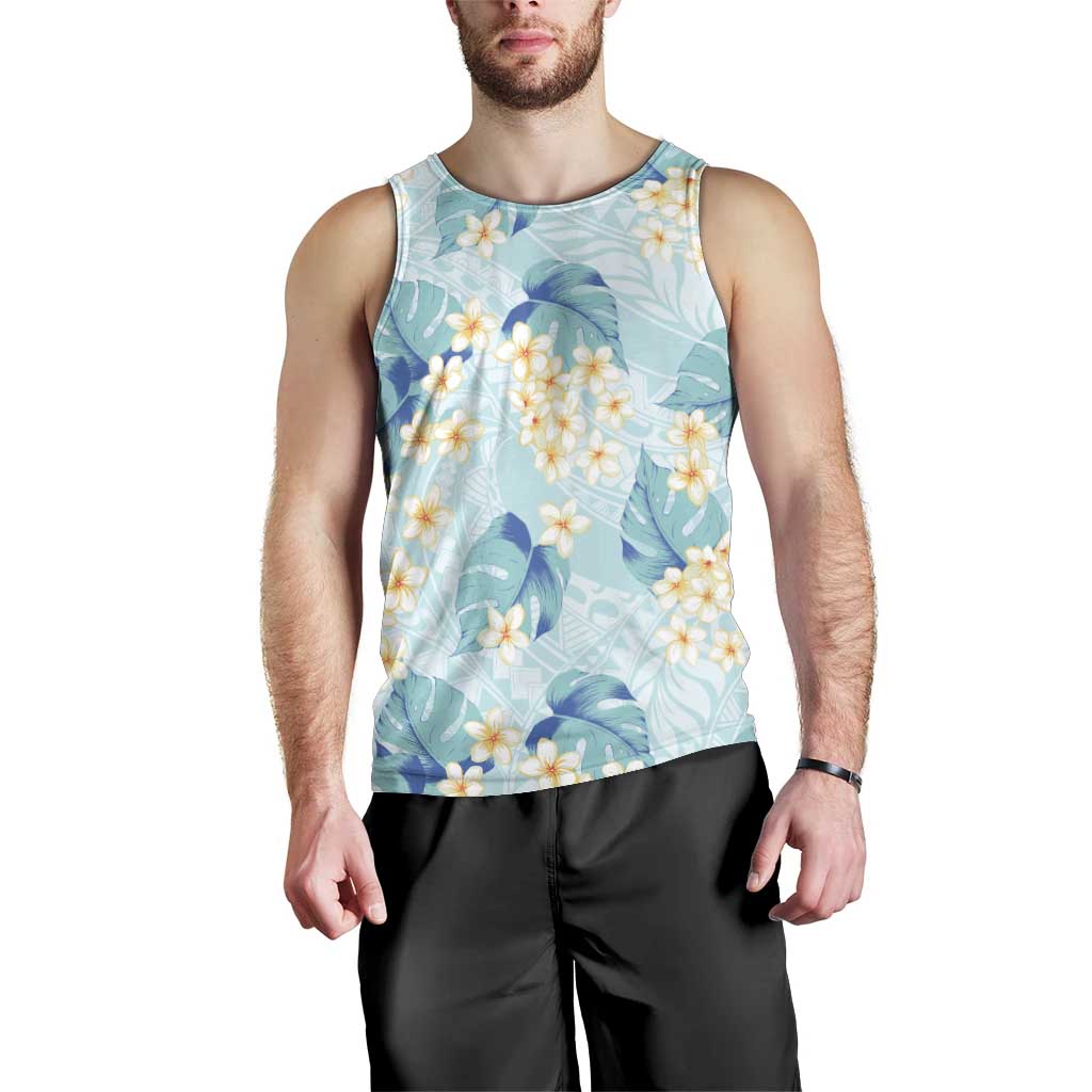 Pastel Cyan Tropical Hawaii Men Tank Top Seamless Monstera Plumeria Hawaiian Pattern - Polynesian Pride