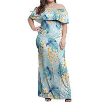 Pastel Cyan Tropical Hawaii Off Shoulder Maxi Dress Seamless Monstera Plumeria Hawaiian Pattern - Polynesian Pride