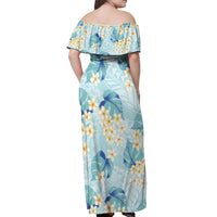 Pastel Cyan Tropical Hawaii Off Shoulder Maxi Dress Seamless Monstera Plumeria Hawaiian Pattern - Polynesian Pride