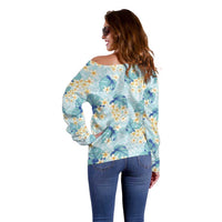 Pastel Cyan Tropical Hawaii Off Shoulder Sweater Seamless Monstera Plumeria Hawaiian Pattern - Polynesian Pride