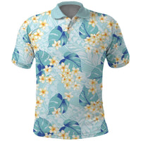 Pastel Cyan Tropical Hawaii Polo Shirt Seamless Monstera Plumeria Hawaiian Pattern - Polynesian Pride