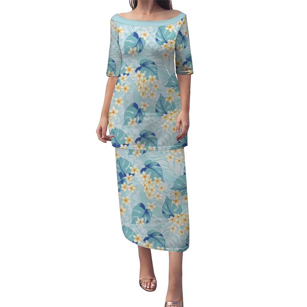 Pastel Cyan Tropical Hawaii Puletasi Seamless Monstera Plumeria Hawaiian Pattern - Polynesian Pride