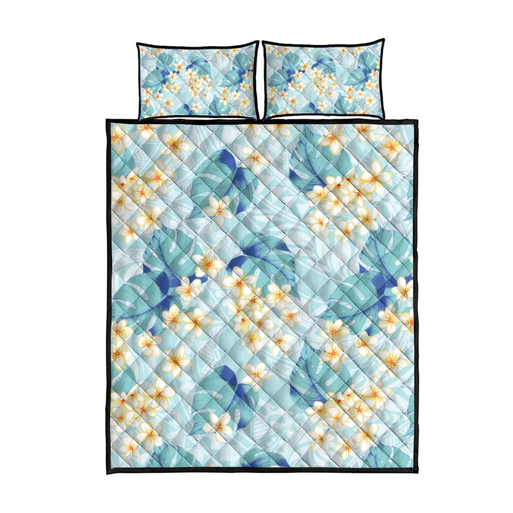Pastel Cyan Tropical Hawaii Quilt Bed Set Seamless Monstera Plumeria Hawaiian Pattern - Polynesian Pride