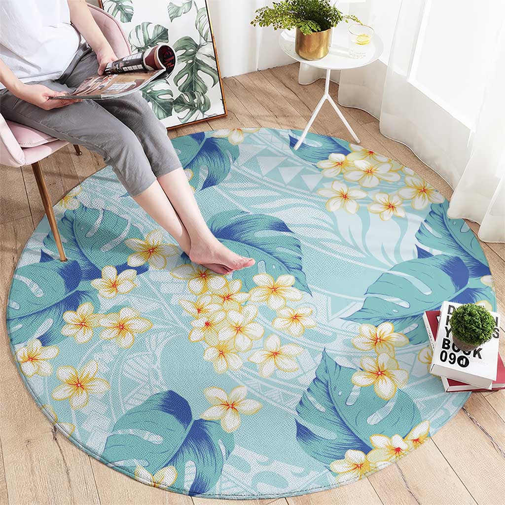 Pastel Cyan Tropical Hawaii Round Carpet Seamless Monstera Plumeria Hawaiian Pattern - Polynesian Pride