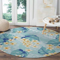 Pastel Cyan Tropical Hawaii Round Carpet Seamless Monstera Plumeria Hawaiian Pattern - Polynesian Pride