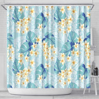 Pastel Cyan Tropical Hawaii Shower Curtain Seamless Monstera Plumeria Hawaiian Pattern - Polynesian Pride