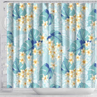 Pastel Cyan Tropical Hawaii Shower Curtain Seamless Monstera Plumeria Hawaiian Pattern - Polynesian Pride