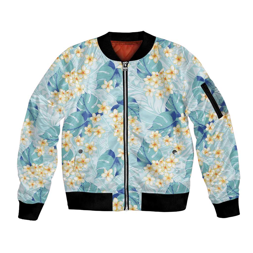 Pastel Cyan Tropical Hawaii Sleeve Zip Bomber Jacket Seamless Monstera Plumeria Hawaiian Pattern - Polynesian Pride