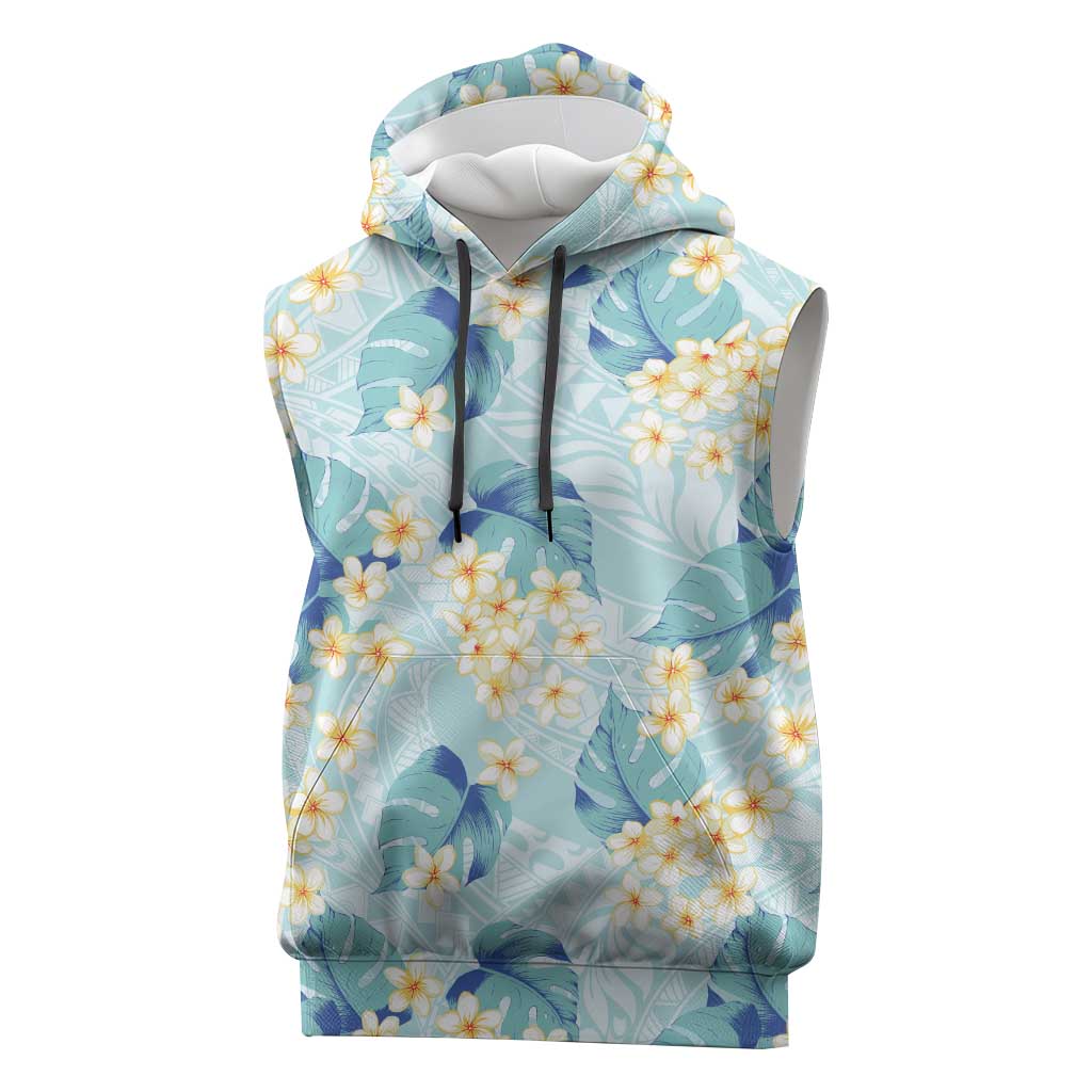 Pastel Cyan Tropical Hawaii Sleeveless Hoodie Seamless Monstera Plumeria Hawaiian Pattern - Polynesian Pride