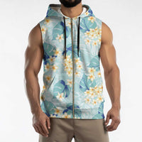 Pastel Cyan Tropical Hawaii Sleeveless Zip Hoodie Seamless Monstera Plumeria Hawaiian Pattern - Polynesian Pride