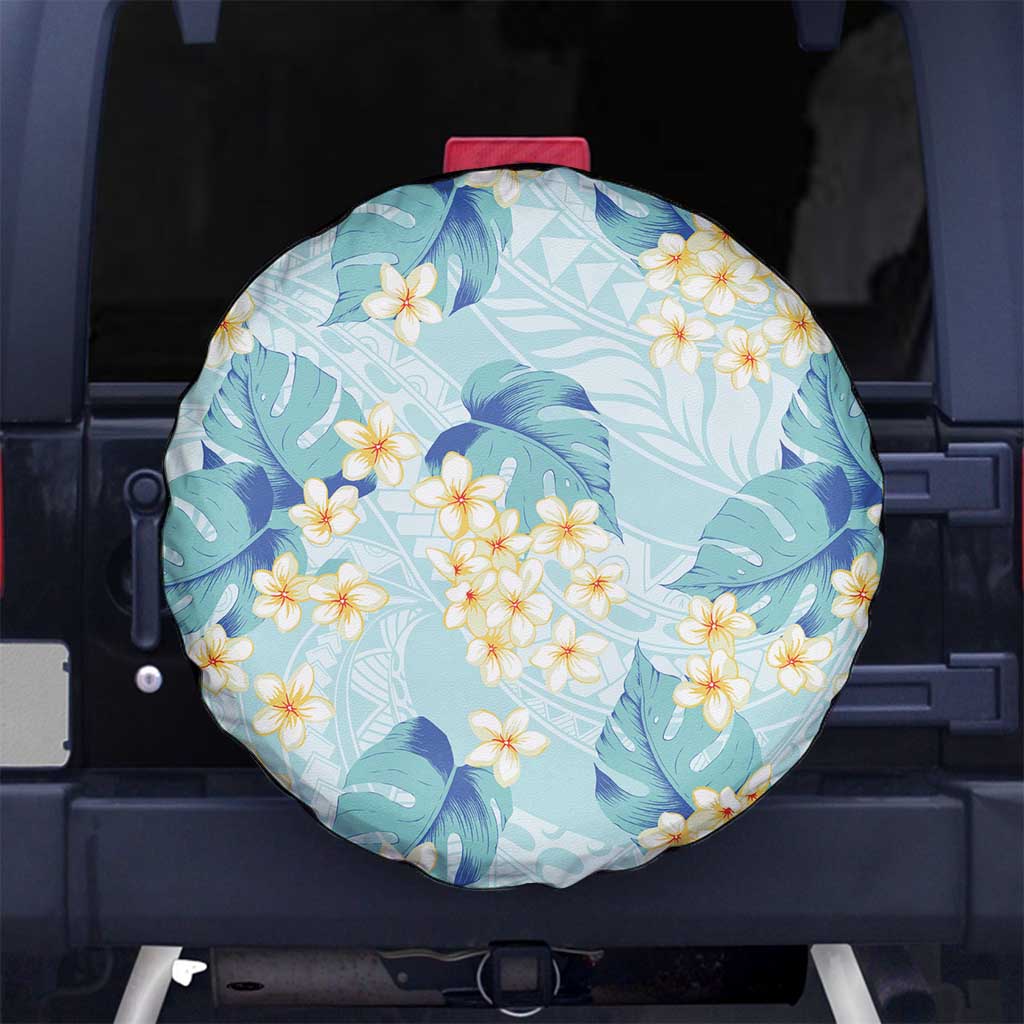 Pastel Cyan Tropical Hawaii Spare Tire Cover Seamless Monstera Plumeria Hawaiian Pattern - Polynesian Pride