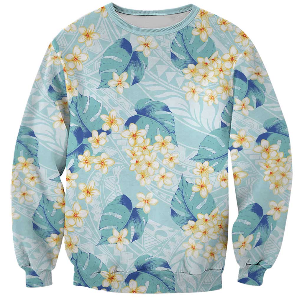 Pastel Cyan Tropical Hawaii Sweatshirt Seamless Monstera Plumeria Hawaiian Pattern - Polynesian Pride