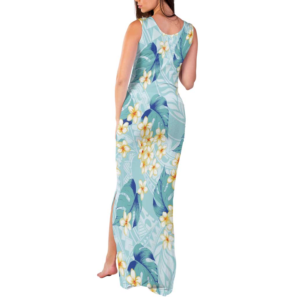 Pastel Cyan Tropical Hawaii Tank Maxi Dress Seamless Monstera Plumeria Hawaiian Pattern - Polynesian Pride