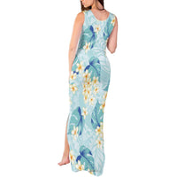 Pastel Cyan Tropical Hawaii Tank Maxi Dress Seamless Monstera Plumeria Hawaiian Pattern - Polynesian Pride