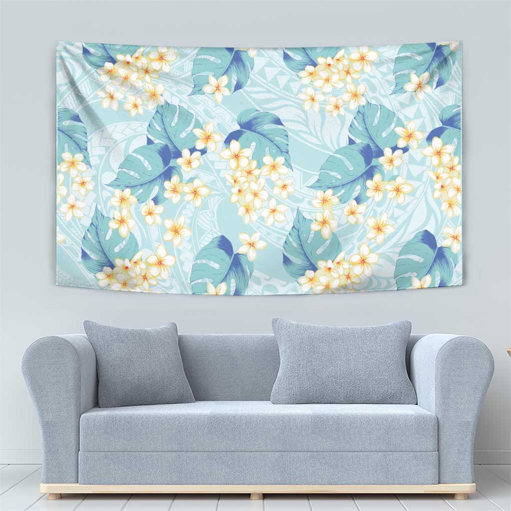 Pastel Cyan Tropical Hawaii Tapestry Seamless Monstera Plumeria Hawaiian Pattern - Polynesian Pride