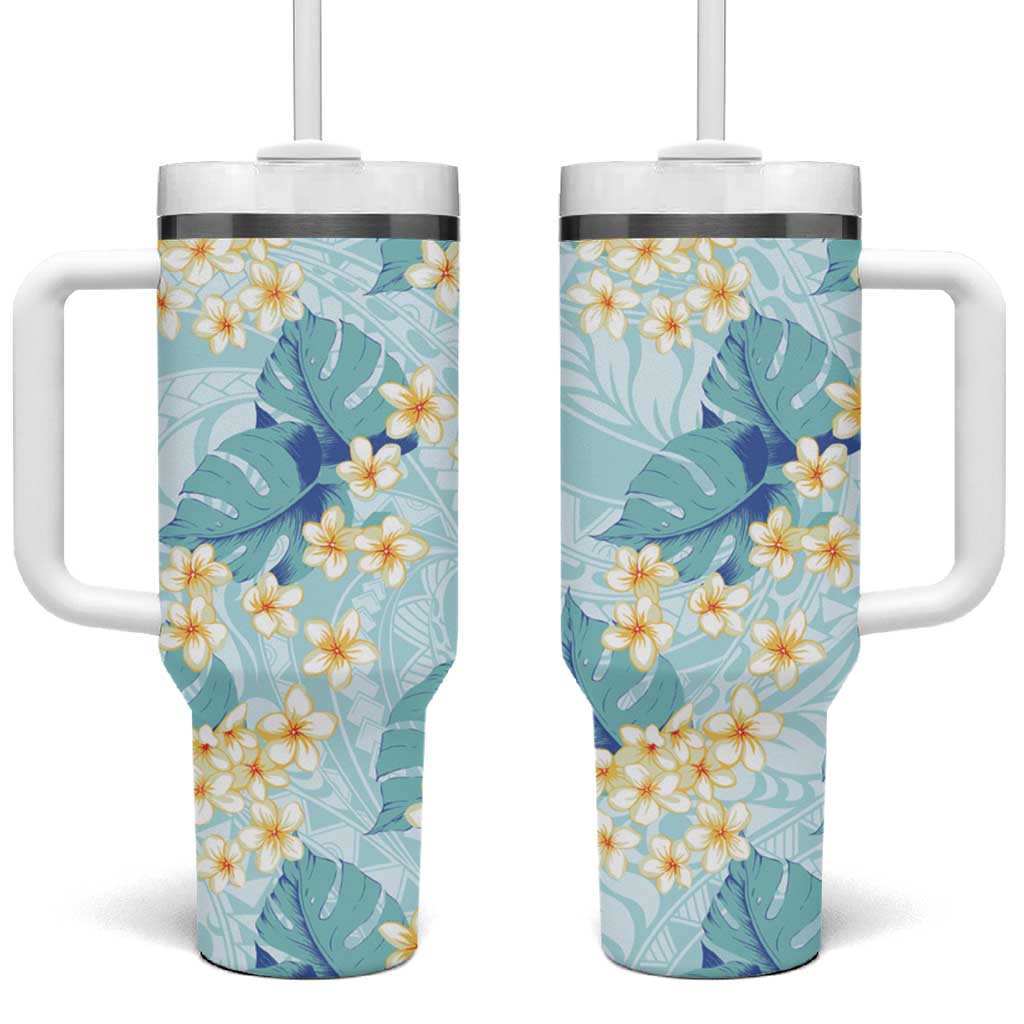 Pastel Cyan Tropical Hawaii Tumbler With Handle Seamless Monstera Plumeria Hawaiian Pattern - Polynesian Pride