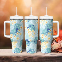 Pastel Cyan Tropical Hawaii Tumbler With Handle Seamless Monstera Plumeria Hawaiian Pattern - Polynesian Pride