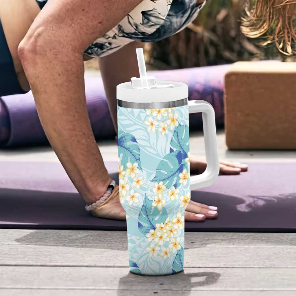 Pastel Cyan Tropical Hawaii Tumbler With Handle Seamless Monstera Plumeria Hawaiian Pattern - Polynesian Pride