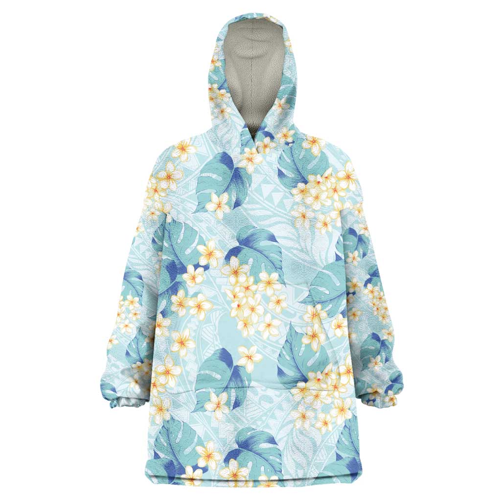 Pastel Cyan Tropical Hawaii Wearable Blanket Hoodie Seamless Monstera Plumeria Hawaiian Pattern - Polynesian Pride