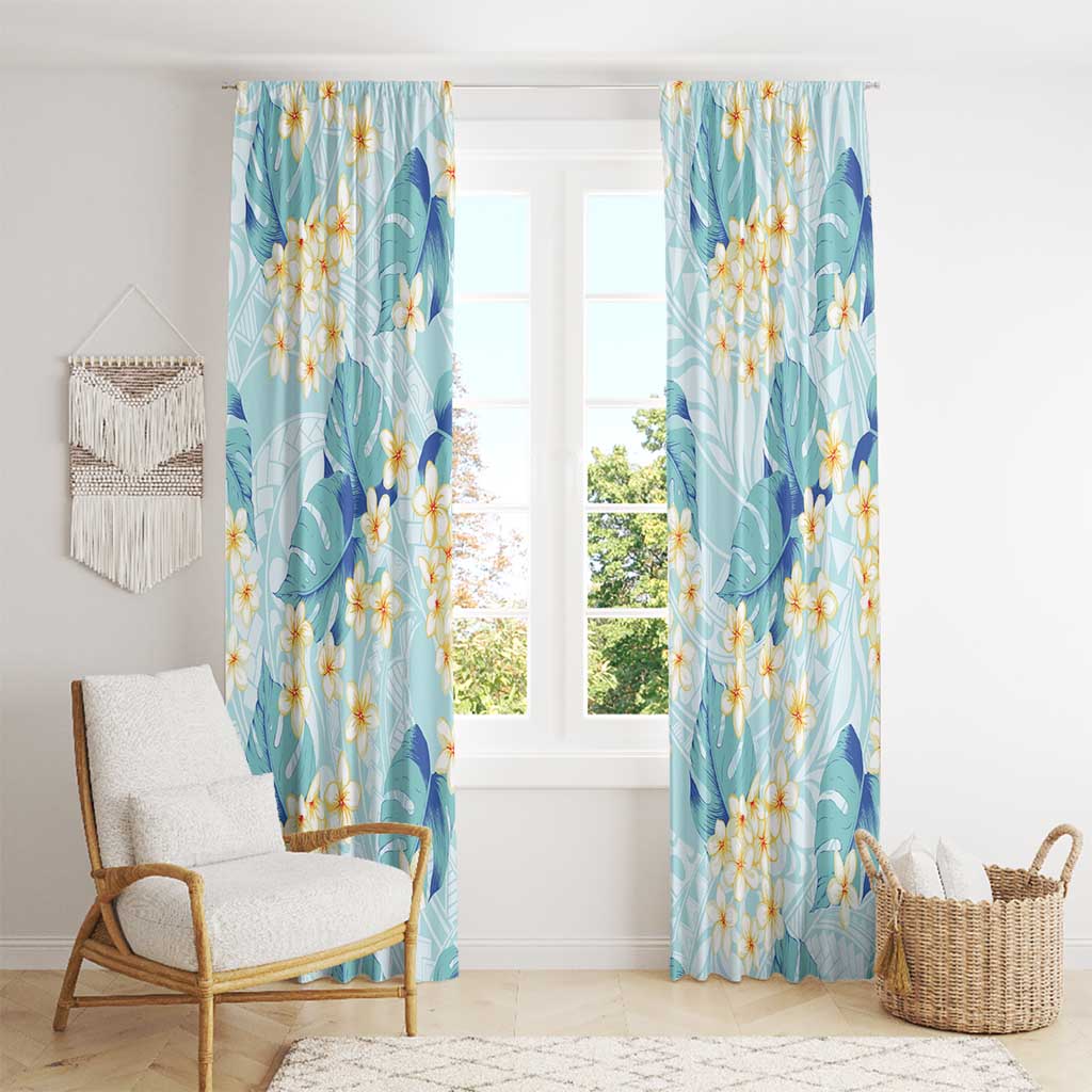 Pastel Cyan Tropical Hawaii Window Curtain Seamless Monstera Plumeria Hawaiian Pattern - Polynesian Pride