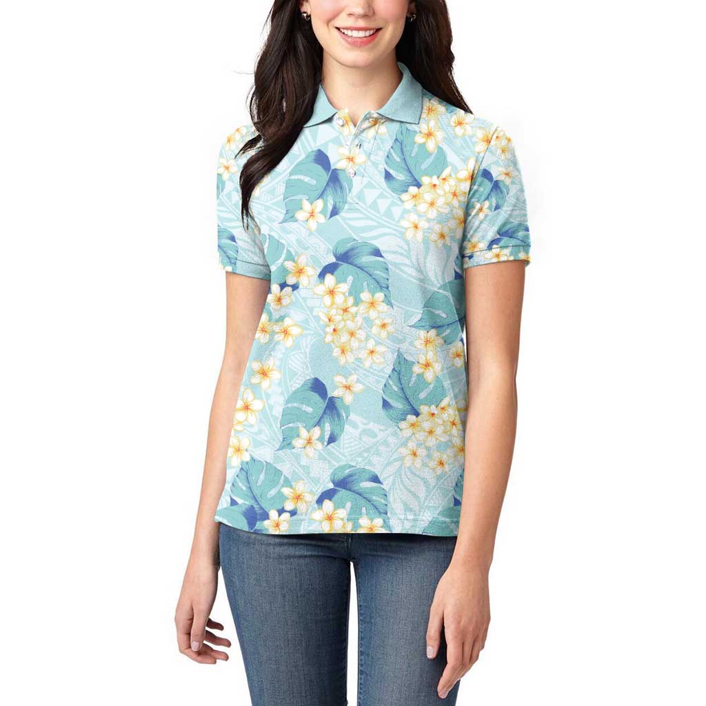 Pastel Cyan Tropical Hawaii Women Polo Shirt Seamless Monstera Plumeria Hawaiian Pattern - Polynesian Pride