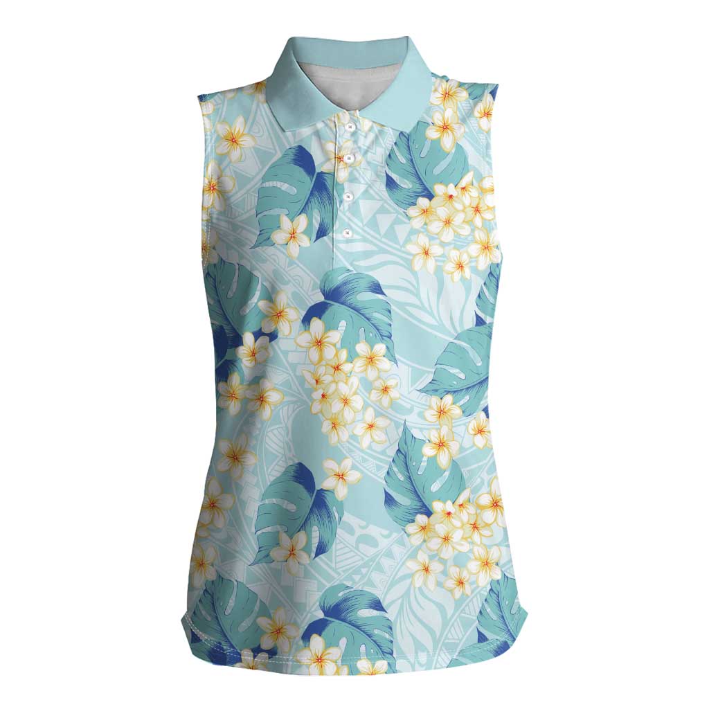 Pastel Cyan Tropical Hawaii Women Sleeveless Polo Shirt Seamless Monstera Plumeria Hawaiian Pattern - Polynesian Pride