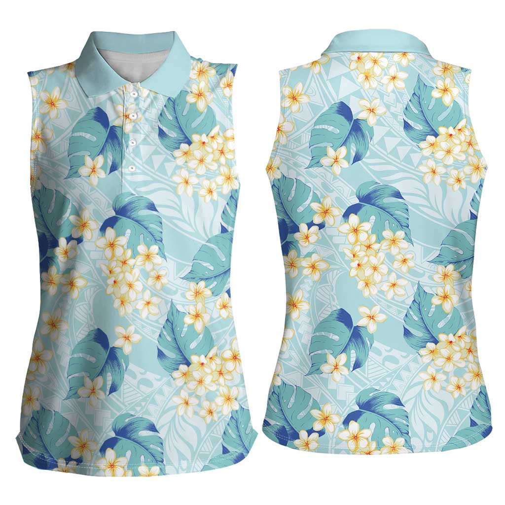 Pastel Cyan Tropical Hawaii Women Sleeveless Polo Shirt Seamless Monstera Plumeria Hawaiian Pattern - Polynesian Pride