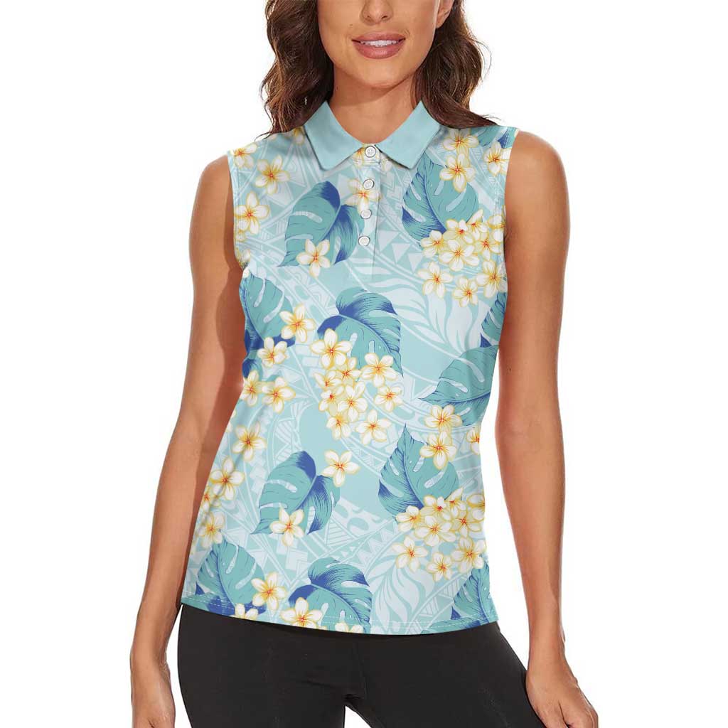 Pastel Cyan Tropical Hawaii Women Sleeveless Polo Shirt Seamless Monstera Plumeria Hawaiian Pattern - Polynesian Pride