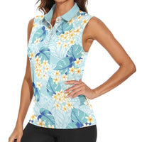 Pastel Cyan Tropical Hawaii Women Sleeveless Polo Shirt Seamless Monstera Plumeria Hawaiian Pattern - Polynesian Pride