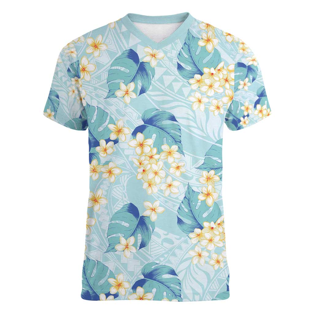 Pastel Cyan Tropical Hawaii Women V-Neck T-Shirt Seamless Monstera Plumeria Hawaiian Pattern - Polynesian Pride