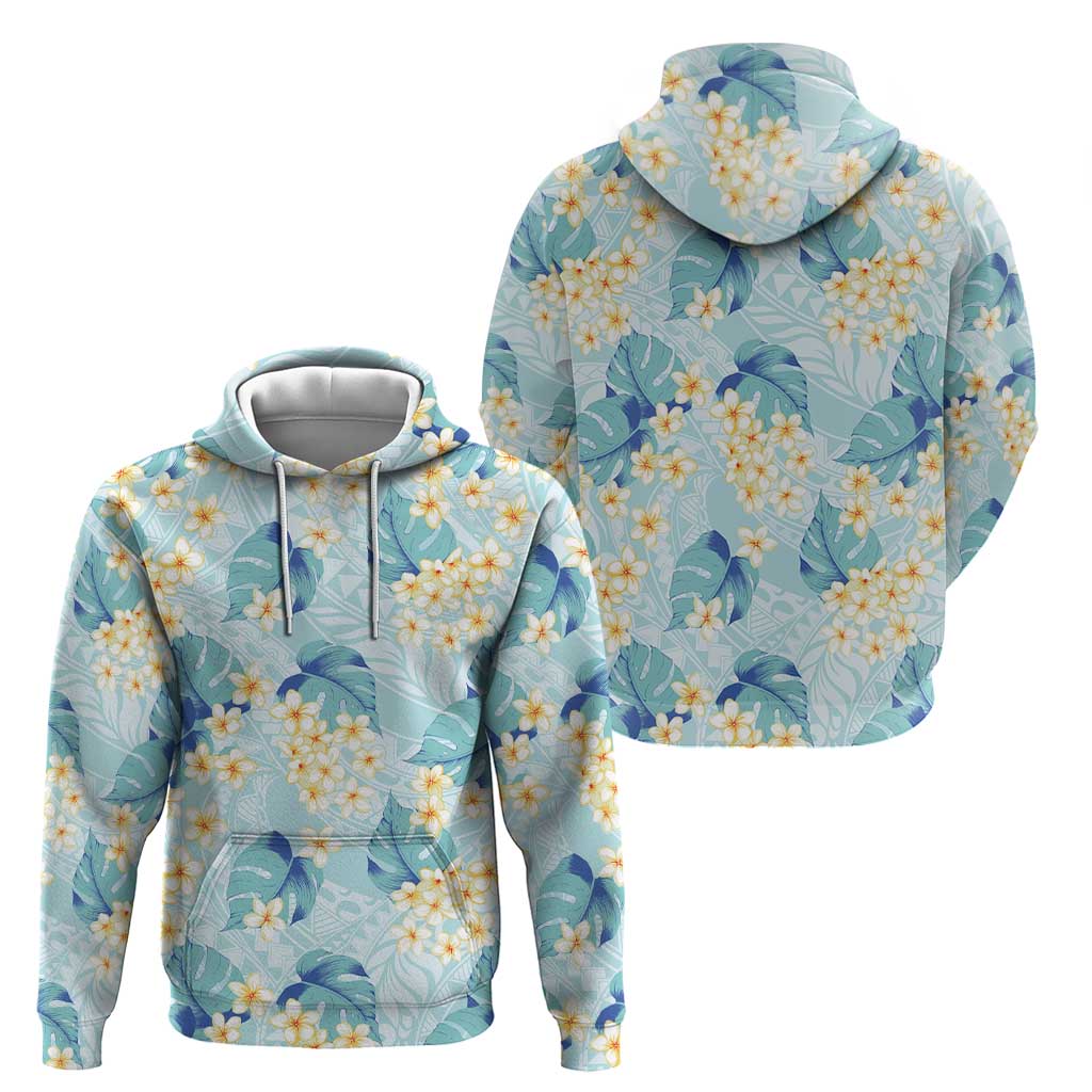 Pastel Cyan Tropical Hawaii Zip Hoodie Seamless Monstera Plumeria Hawaiian Pattern - Polynesian Pride