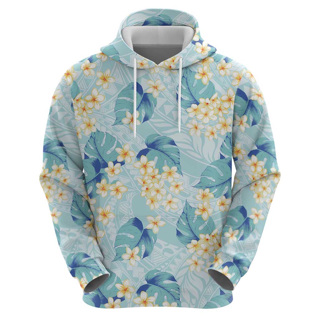 Pastel Cyan Tropical Hawaii Zip Hoodie Seamless Monstera Plumeria Hawaiian Pattern - Polynesian Pride
