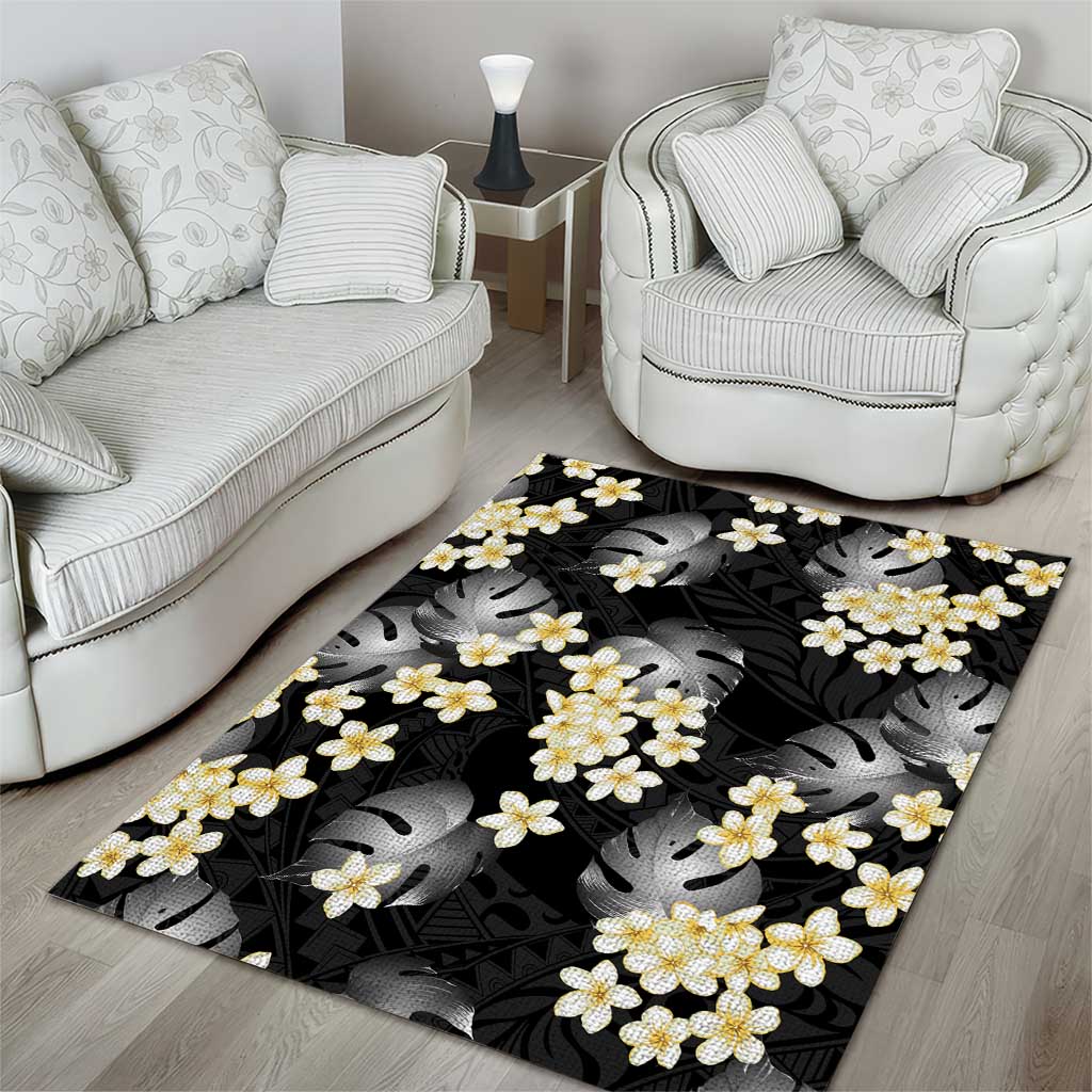 Black Tropical Hawaii Area Rug Seamless Monstera Plumeria Hawaiian Pattern - Polynesian Pride