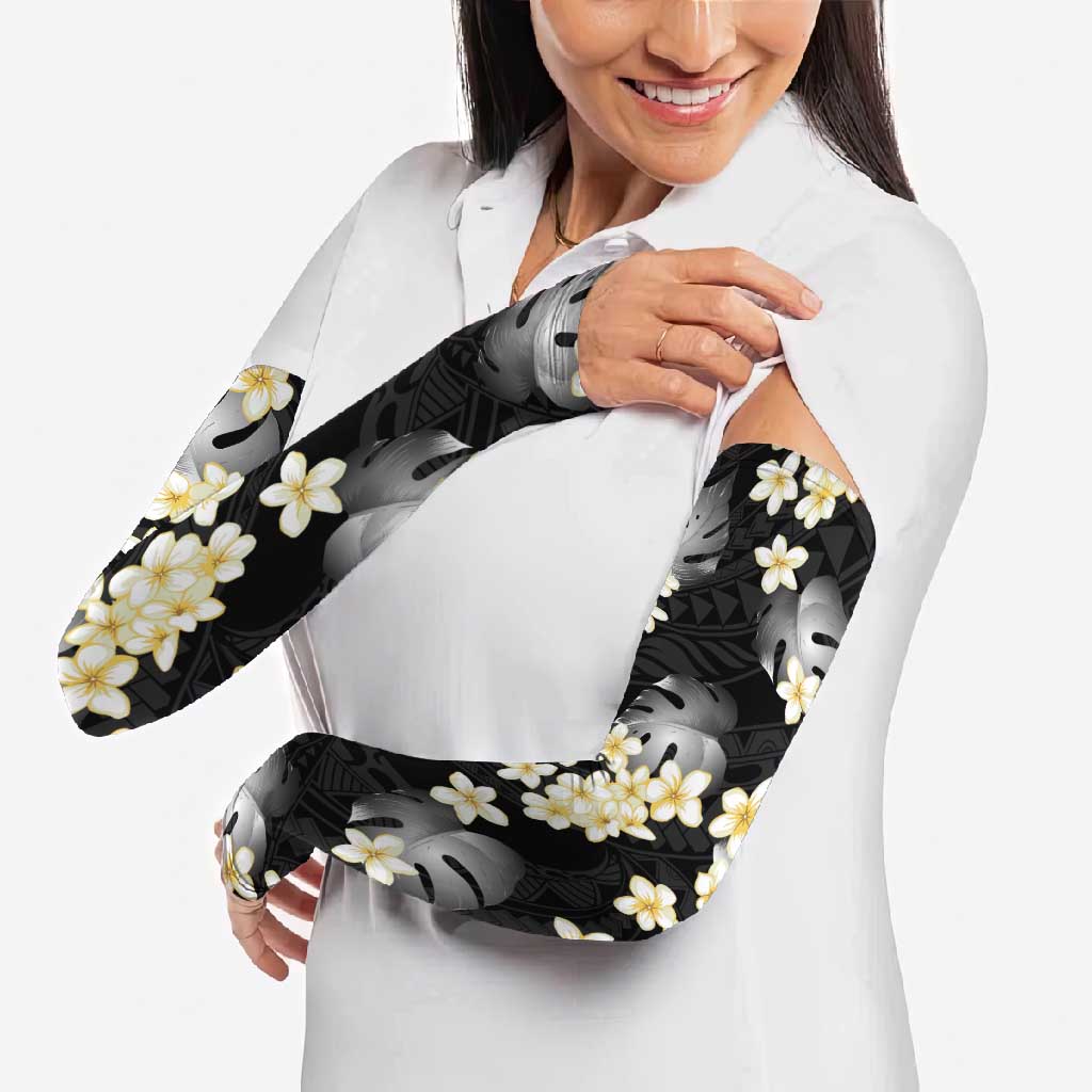 Black Tropical Hawaii Arm Sleeves Seamless Monstera Plumeria Hawaiian Pattern - Polynesian Pride