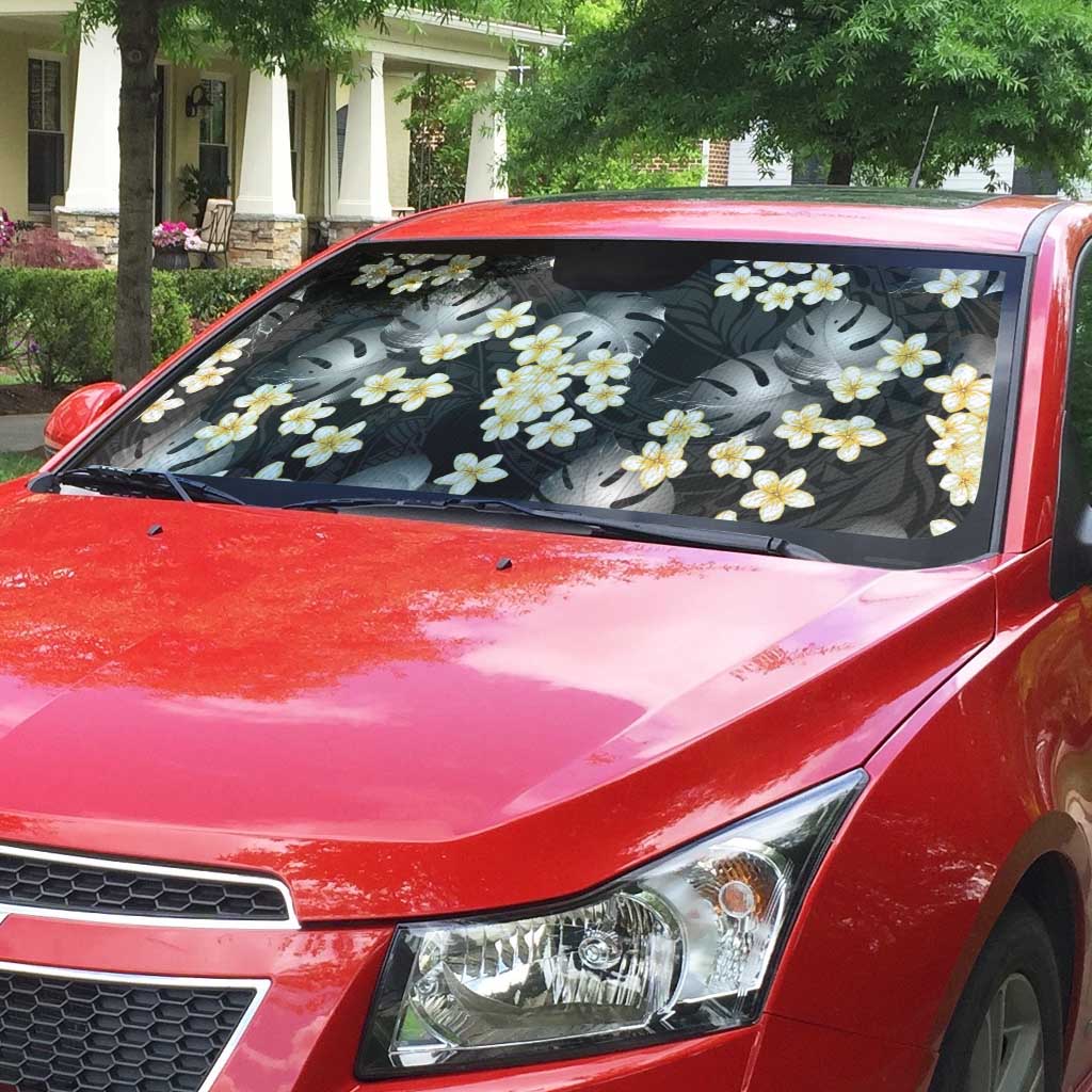 Black Tropical Hawaii Auto Sun Shade Seamless Monstera Plumeria Hawaiian Pattern - Polynesian Pride