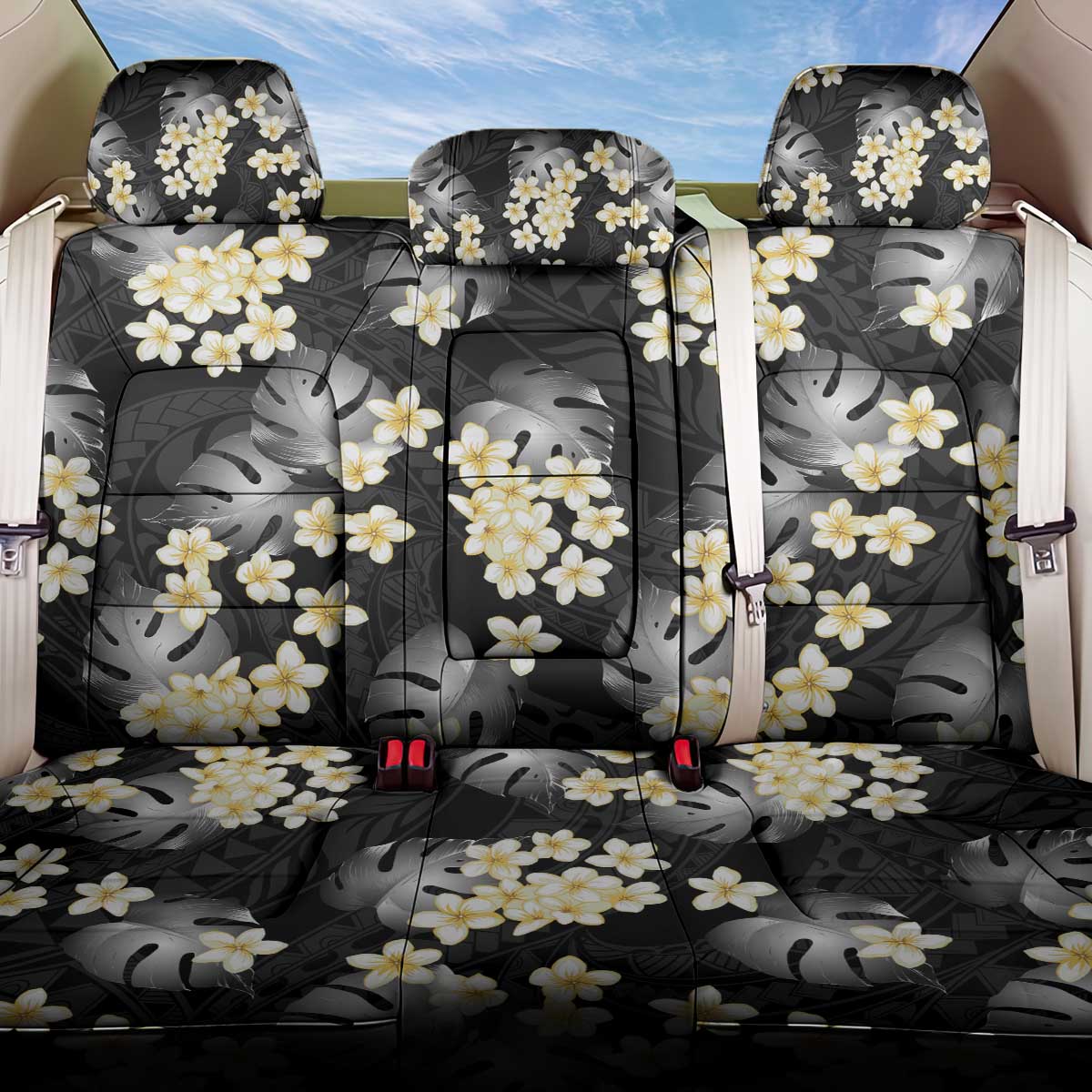 Black Tropical Hawaii Back Car Seat Cover Seamless Monstera Plumeria Hawaiian Pattern - Polynesian Pride