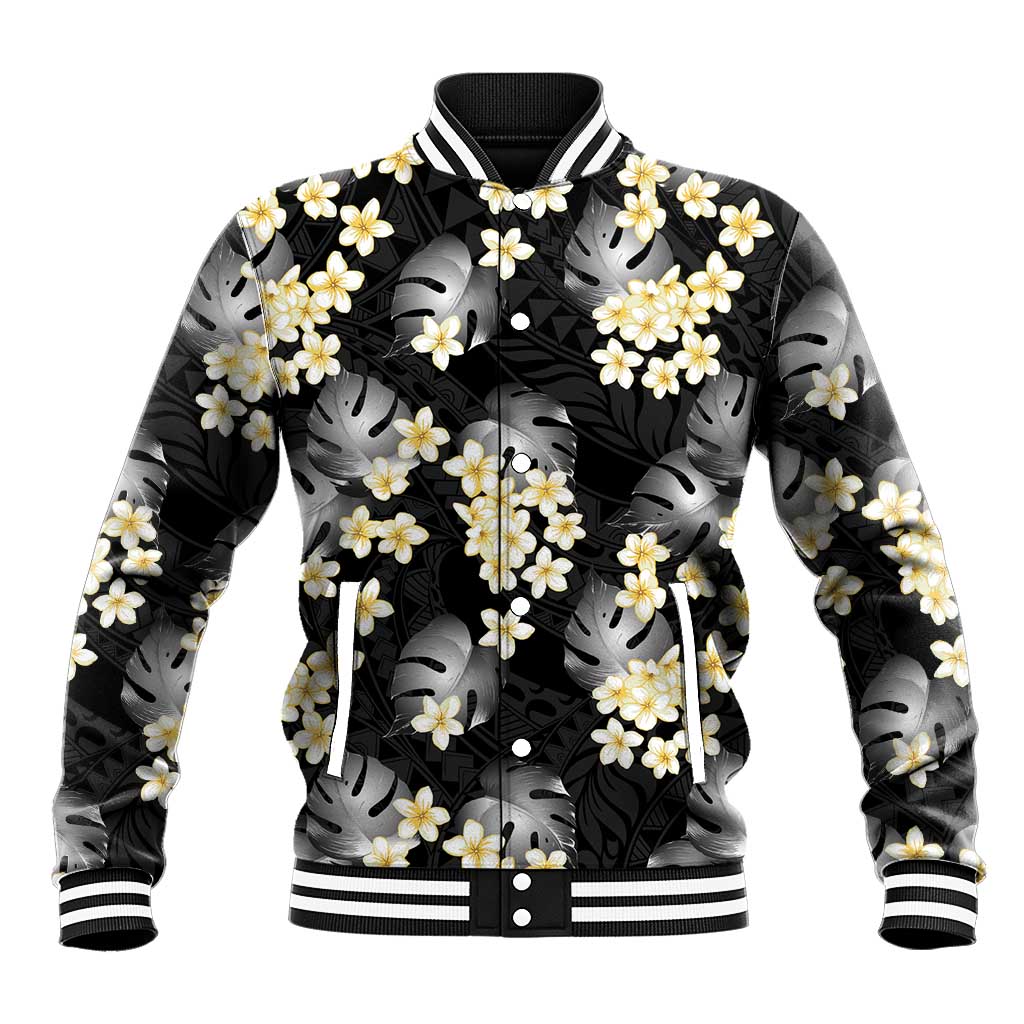 Black Tropical Hawaii Baseball Jacket Seamless Monstera Plumeria Hawaiian Pattern - Polynesian Pride