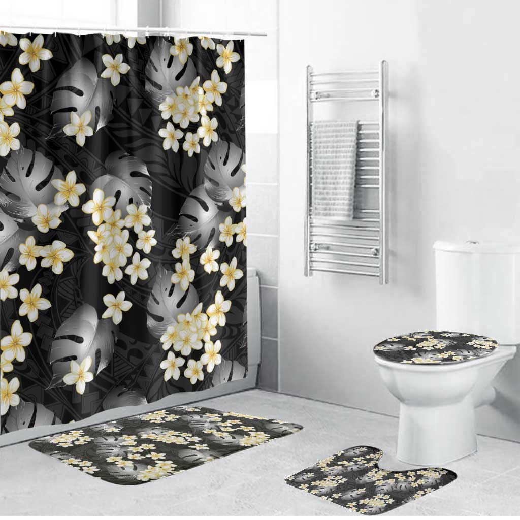 Black Tropical Hawaii Bathroom Set Seamless Monstera Plumeria Hawaiian Pattern - Polynesian Pride