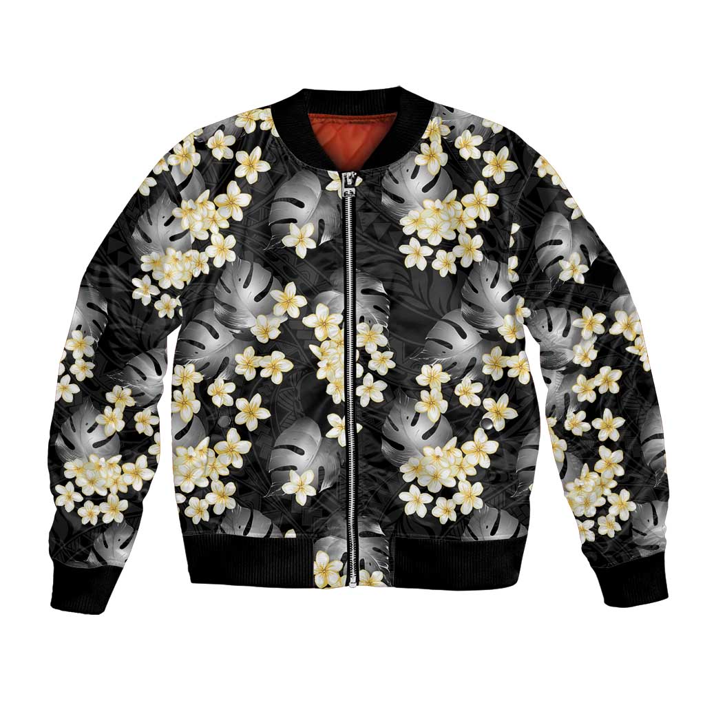 Black Tropical Hawaii Bomber Jacket Seamless Monstera Plumeria Hawaiian Pattern - Polynesian Pride