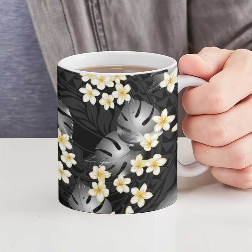 Black Tropical Hawaii Ceramic Mug Seamless Monstera Plumeria Hawaiian Pattern - Polynesian Pride