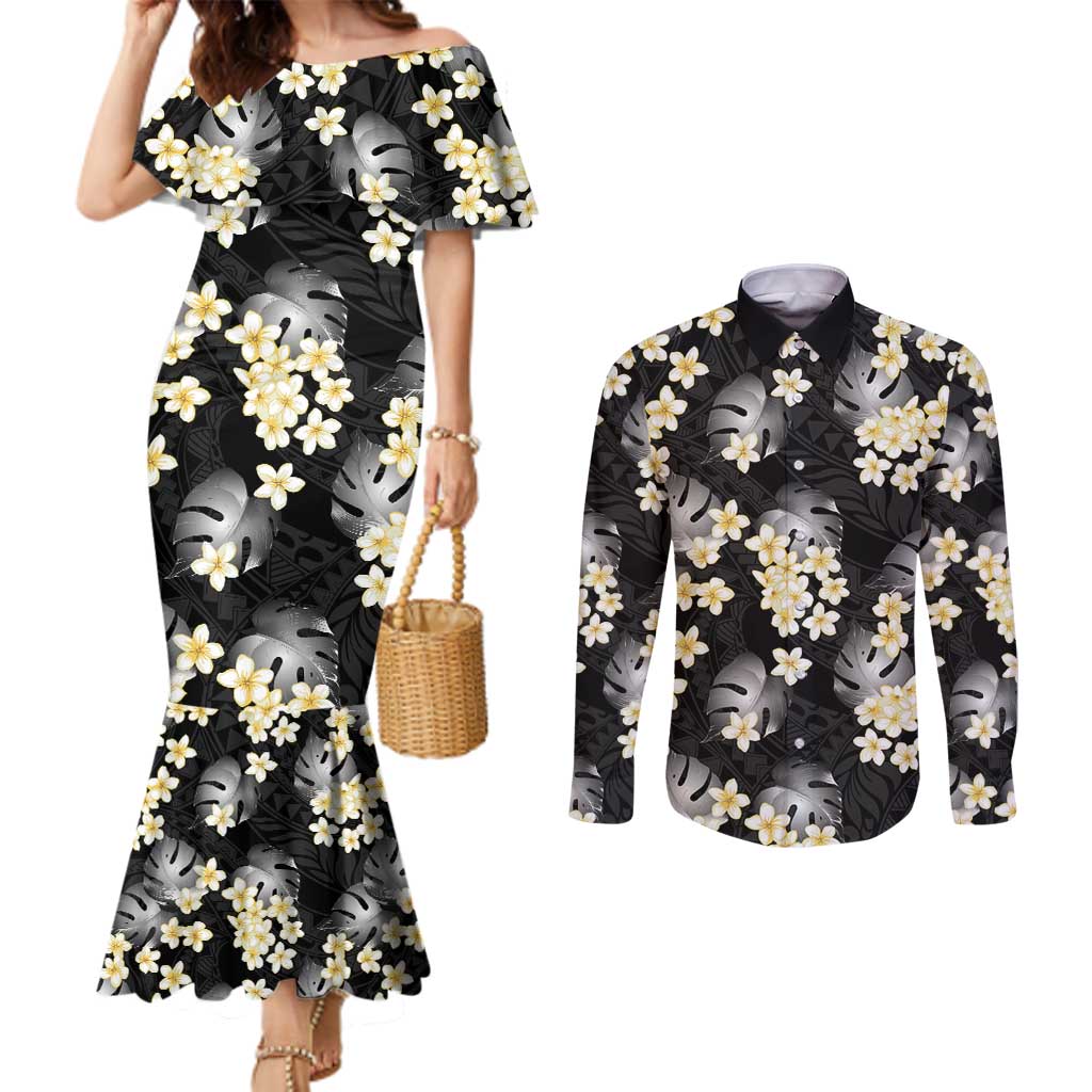 Black Tropical Hawaii Couples Matching Mermaid Dress and Long Sleeve Button Shirt Seamless Monstera Plumeria Hawaiian Pattern - Polynesian Pride