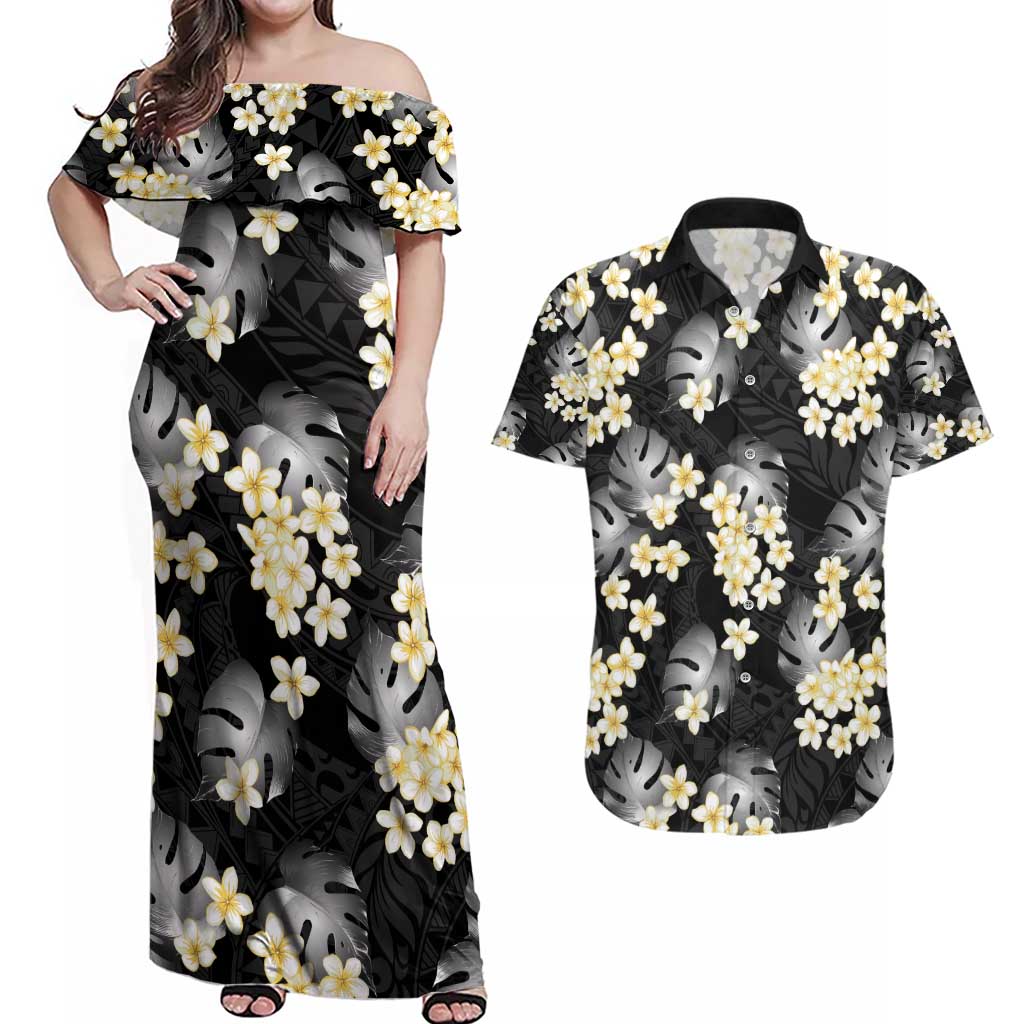 Black Tropical Hawaii Couples Matching Off Shoulder Maxi Dress and Hawaiian Shirt Seamless Monstera Plumeria Hawaiian Pattern - Polynesian Pride