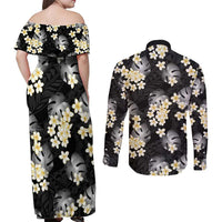 Black Tropical Hawaii Couples Matching Off Shoulder Maxi Dress and Long Sleeve Button Shirt Seamless Monstera Plumeria Hawaiian Pattern - Polynesian Pride