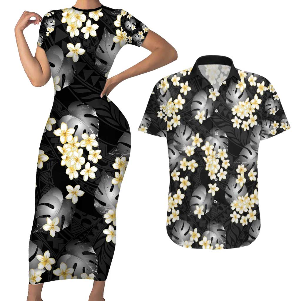 Black Tropical Hawaii Couples Matching Short Sleeve Bodycon Dress and Hawaiian Shirt Seamless Monstera Plumeria Hawaiian Pattern - Polynesian Pride