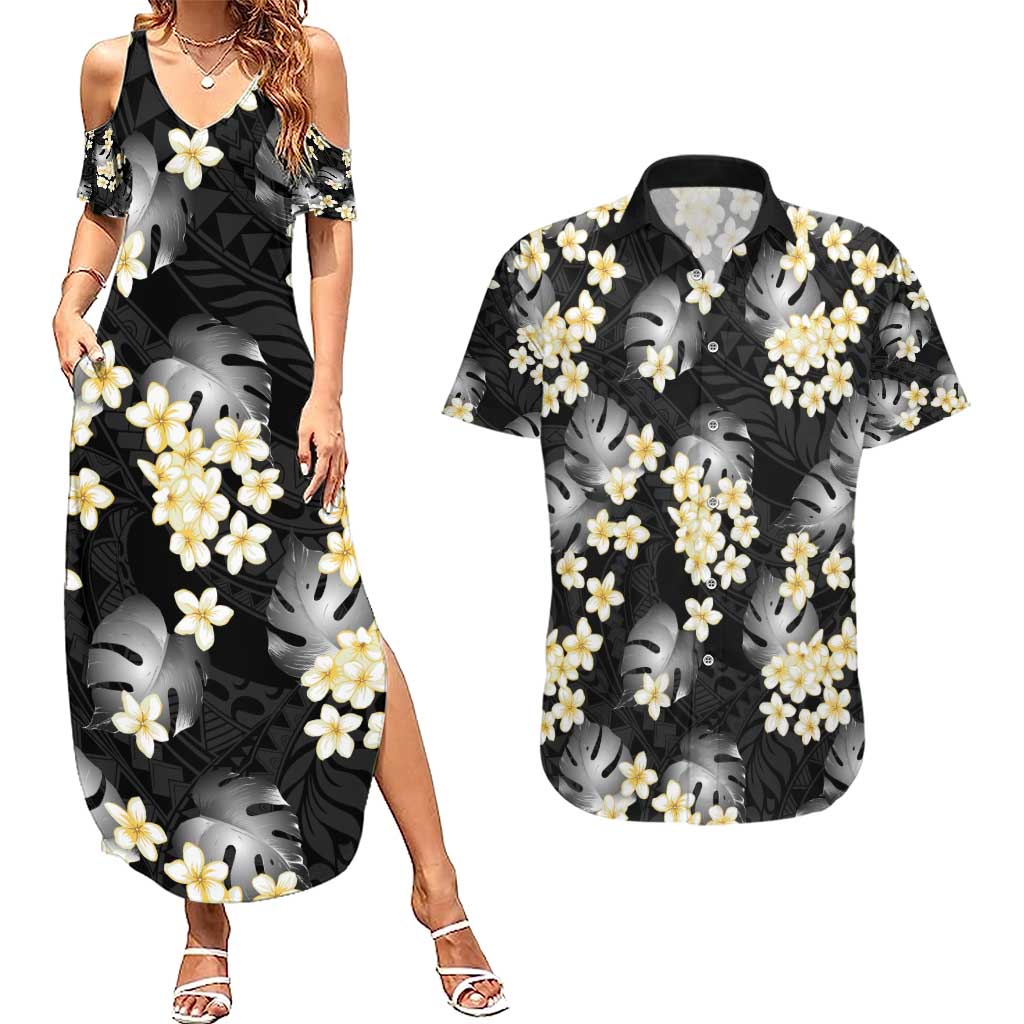 Black Tropical Hawaii Couples Matching Summer Maxi Dress and Hawaiian Shirt Seamless Monstera Plumeria Hawaiian Pattern - Polynesian Pride